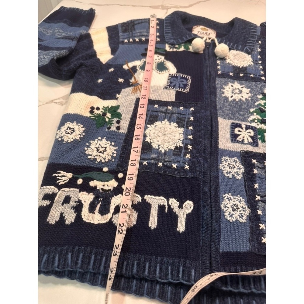 Tiara International Frosty Snowman Christmas Tree Zip Cardigan Sweater Blue L - Picture 8 of 9